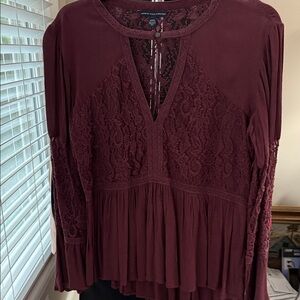 American Eagle Women's Lace Detail Burgundy Top